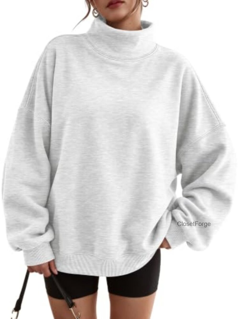 Oversized Fleece Mock Neck Sweatshirt with Side Slits and Pockets